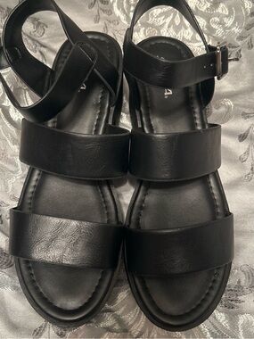 Soda Black Triple-Strap Platform Sandals